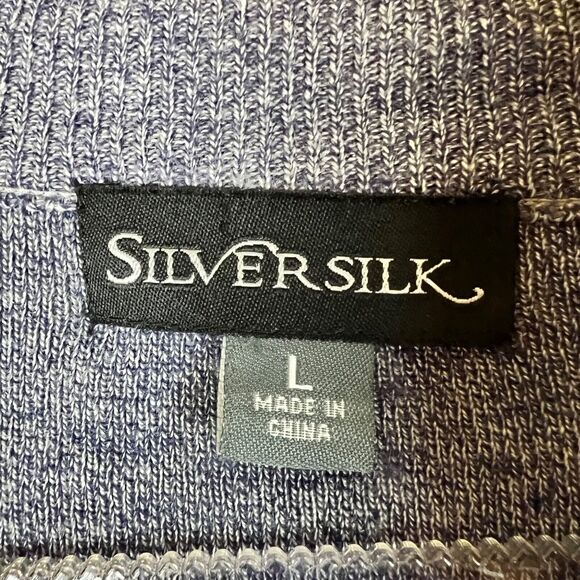 Silver Silk Sweater Mens L Elbow Patch Full Zip Textured Blue White Black Soft! - Picture 5 of 12
